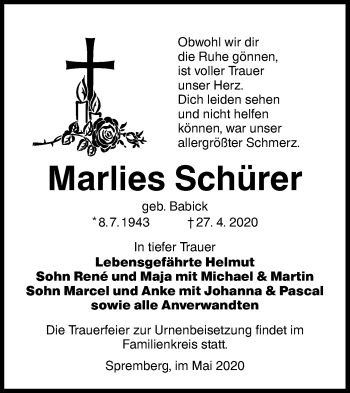 Traueranzeige von Marlies Schürer von lausitzer_rundschau