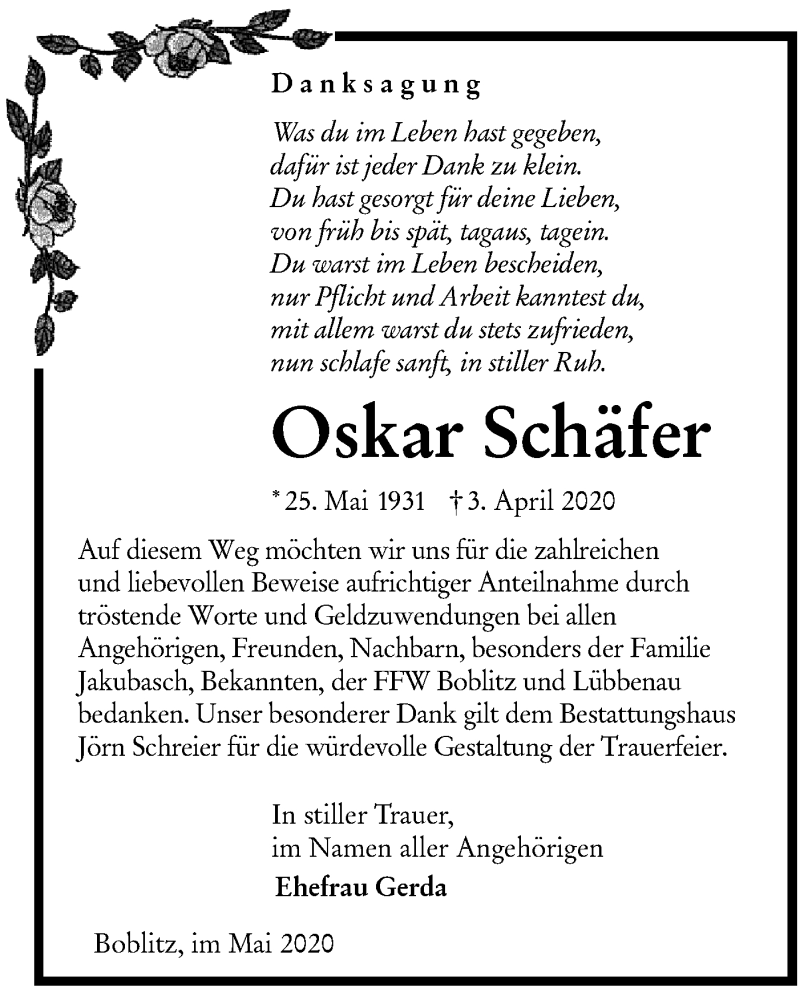  Traueranzeige für Oskar Schäfer vom 23.05.2020 aus lausitzer_rundschau