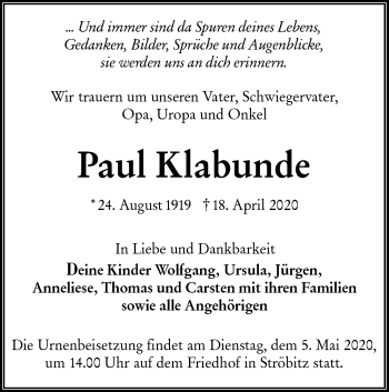 Traueranzeige von Paul Klabunde von lausitzer_rundschau
