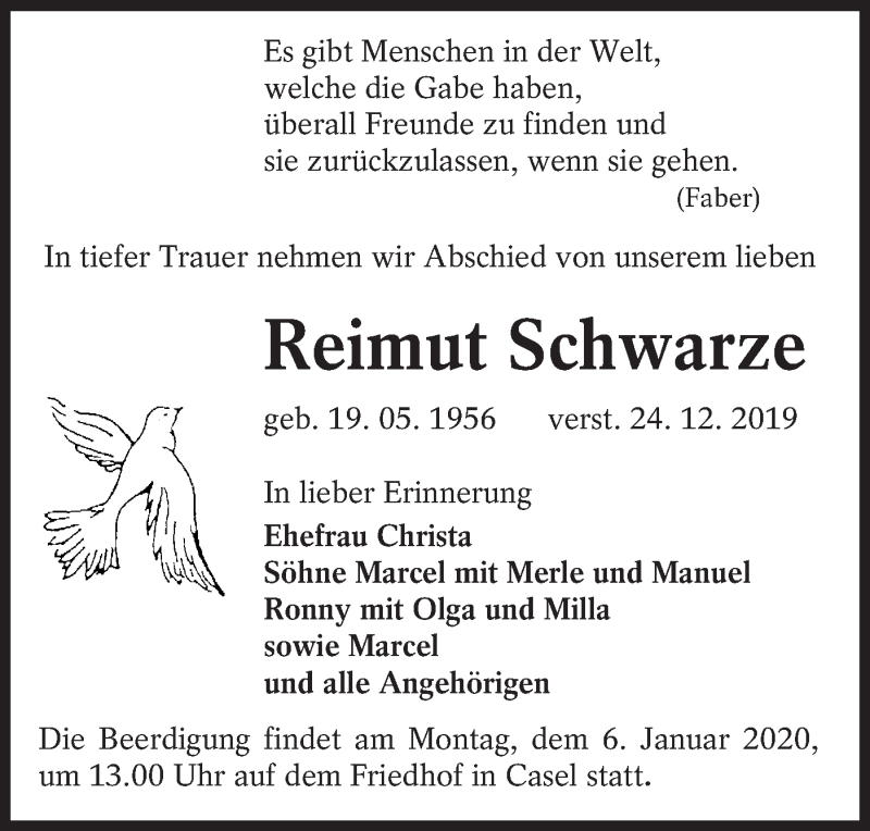  Traueranzeige für Reimut Schwarze vom 04.01.2020 aus lausitzer_rundschau