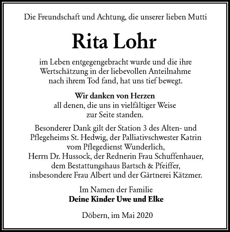  Traueranzeige für Rita Lohr vom 09.05.2020 aus lausitzer_rundschau