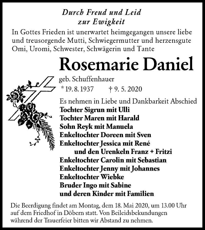  Traueranzeige für Rosemarie Daniel vom 16.05.2020 aus lausitzer_rundschau