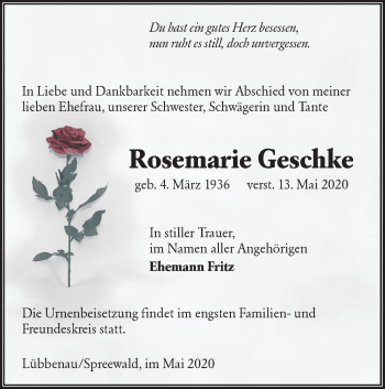 Traueranzeige von Rosemarie Geschke von lausitzer_rundschau