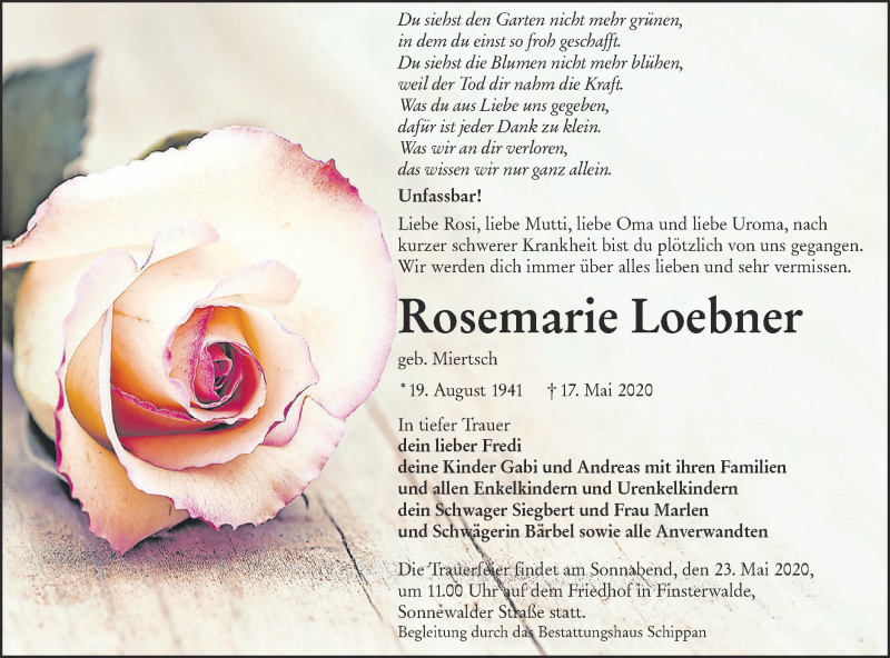  Traueranzeige für Rosemarie Loebner vom 22.05.2020 aus lausitzer_rundschau