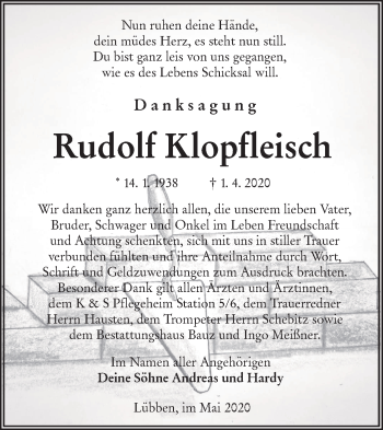 Traueranzeige von Rudolf Klopfleisch von lausitzer_rundschau