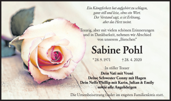Traueranzeige von Sabine Pohl von lausitzer_rundschau