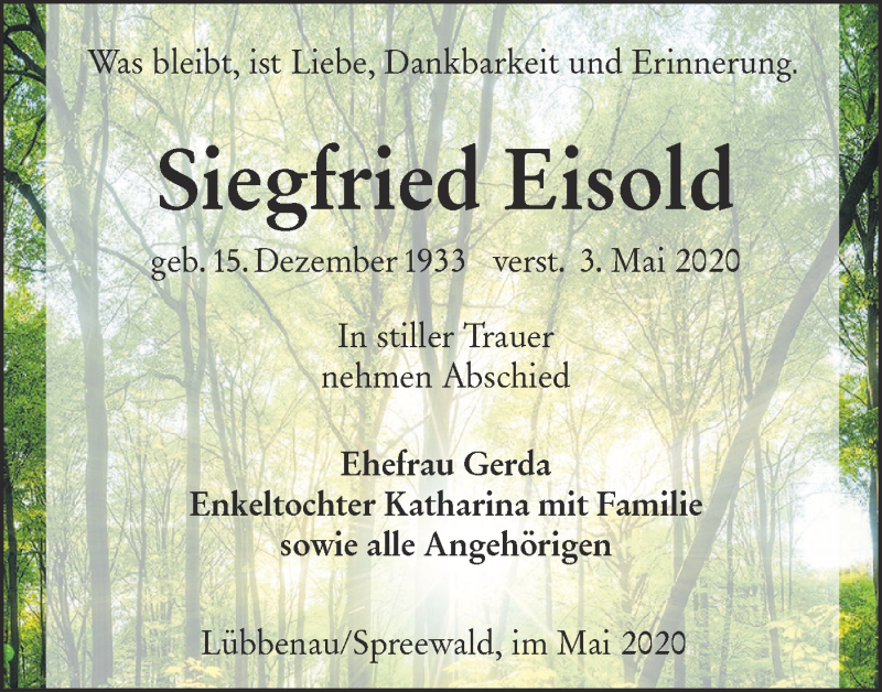  Traueranzeige für Siegfried Eisold vom 09.05.2020 aus lausitzer_rundschau