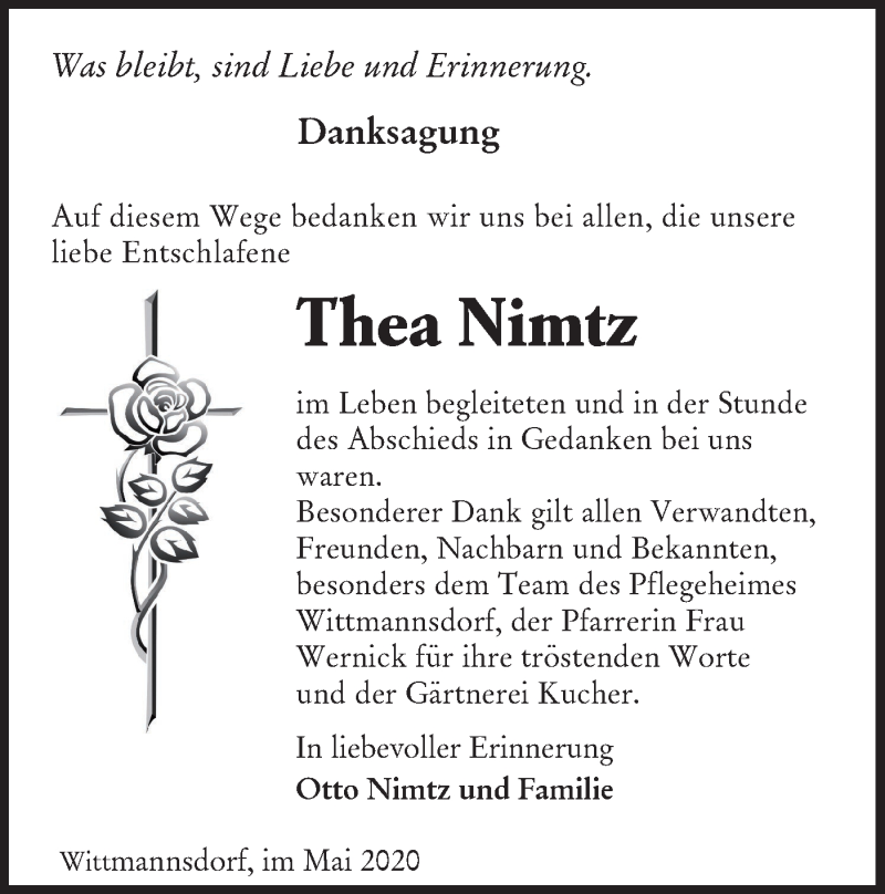  Traueranzeige für Thea Nimtz vom 09.05.2020 aus lausitzer_rundschau