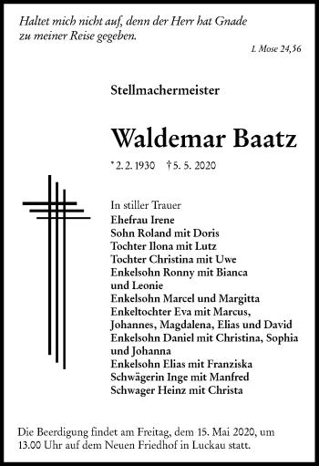 Traueranzeige von Waldemar Baatz von lausitzer_rundschau