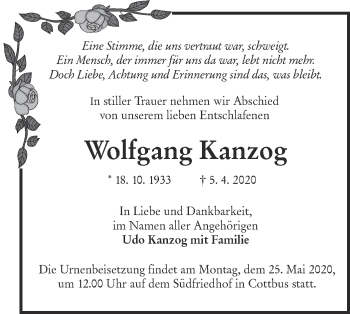 Traueranzeige von Wolfgang Kanzog von lausitzer_rundschau