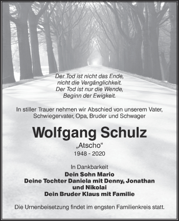 Traueranzeige von Wolfgang Schulz von lausitzer_rundschau