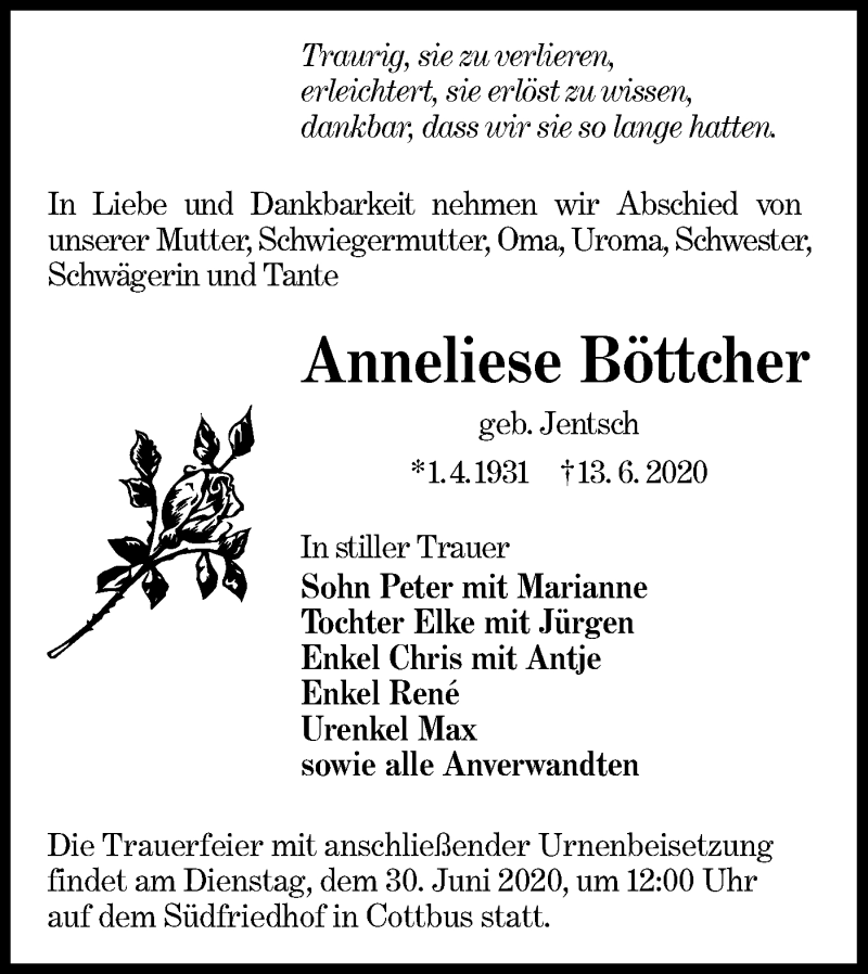  Traueranzeige für Anneliese Böttcher vom 20.06.2020 aus lausitzer_rundschau