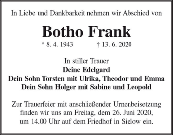 Traueranzeige von Botho Frank von lausitzer_rundschau