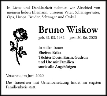 Traueranzeige von Bruno Wiskow von lausitzer_rundschau
