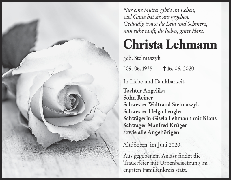  Traueranzeige für Christa Lehmann vom 27.06.2020 aus lausitzer_rundschau