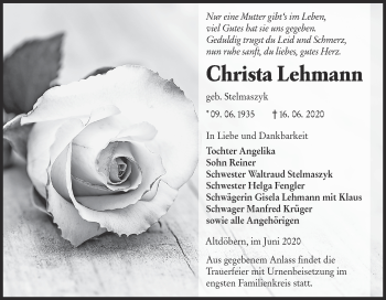 Traueranzeige von Christa Lehmann von lausitzer_rundschau