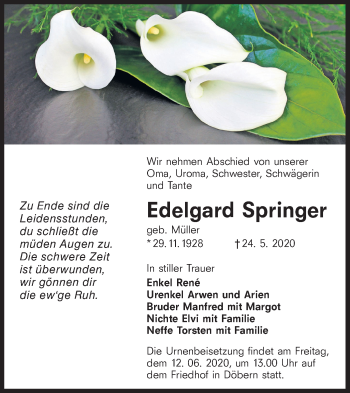 Traueranzeige von Edelgard Springer von lausitzer_rundschau