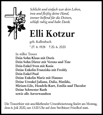 Traueranzeige von Elli Kotzur von lausitzer_rundschau