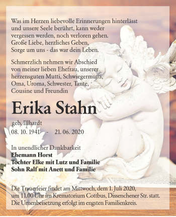 Traueranzeige von Erika Stahn von lausitzer_rundschau