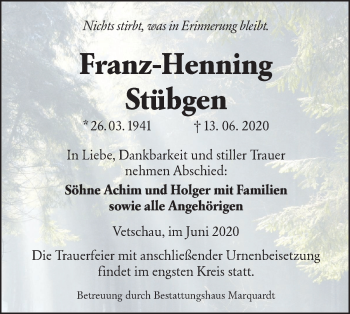Traueranzeige von Franz-Henning Stübgen von lausitzer_rundschau