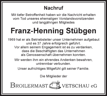 Traueranzeige von Franz-Henning Stübgen von lausitzer_rundschau