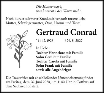 Traueranzeige von Gertraud Conrad von lausitzer_rundschau