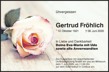 Traueranzeige von Gertrud Fröhlich von lausitzer_rundschau