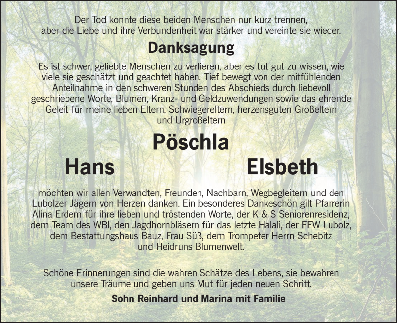  Traueranzeige für Hans und Elsbeth Pöschla vom 30.05.2020 aus lausitzer_rundschau