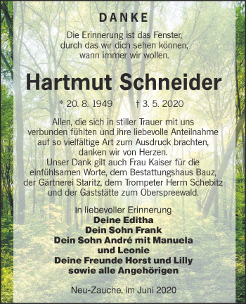Traueranzeige von Hartmut Schneider von lausitzer_rundschau