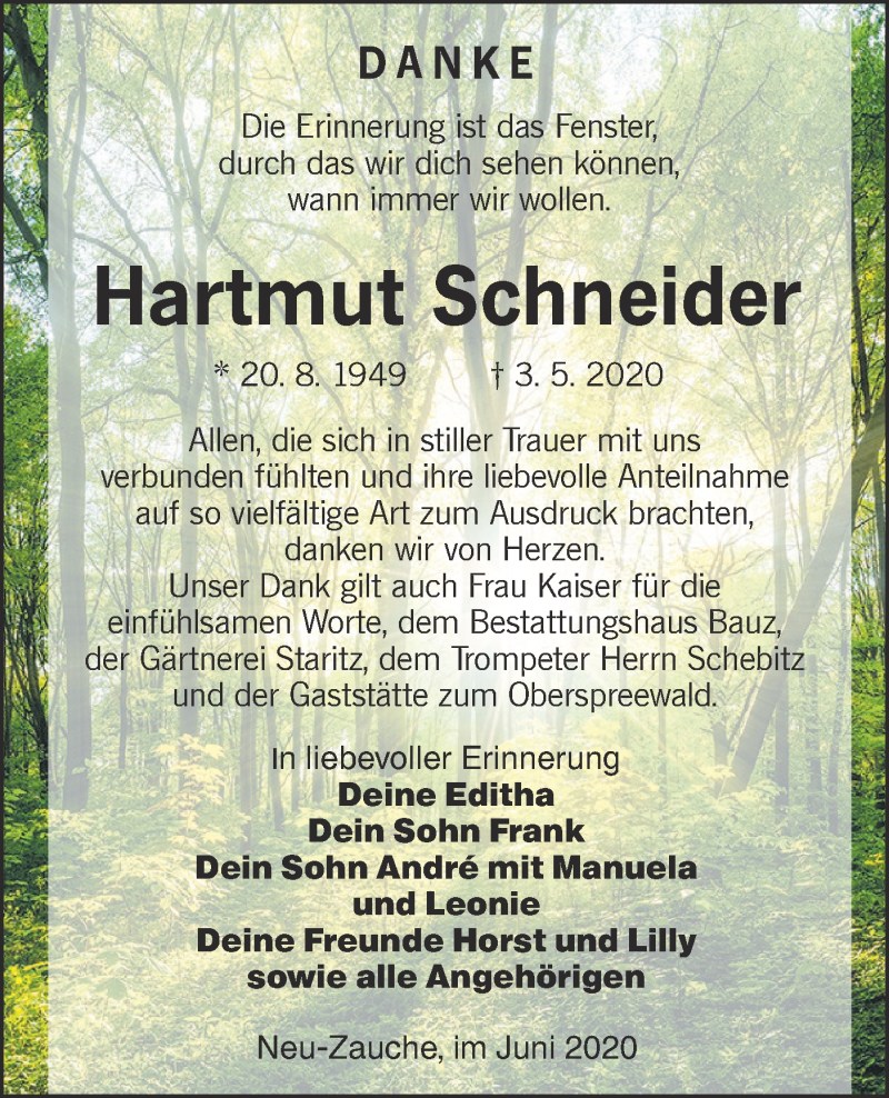  Traueranzeige für Hartmut Schneider vom 06.06.2020 aus lausitzer_rundschau
