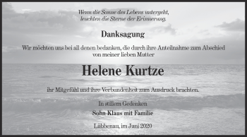 Traueranzeige von Helene Kurtze von lausitzer_rundschau