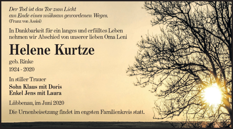  Traueranzeige für Helene Kurtze vom 13.06.2020 aus lausitzer_rundschau