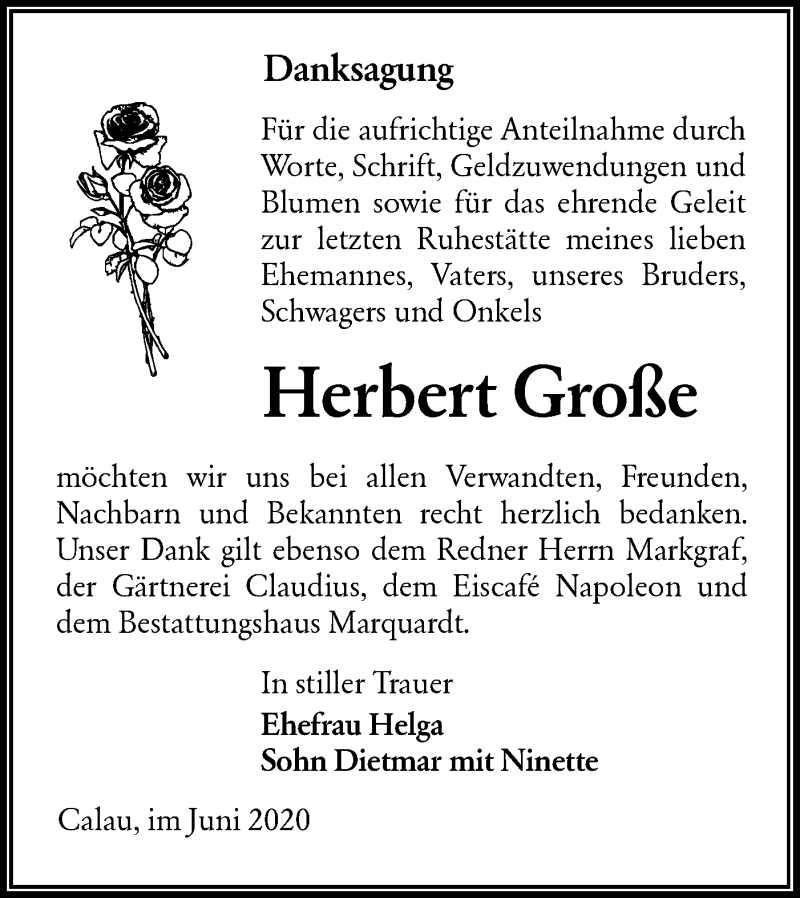  Traueranzeige für Herbert Große vom 27.06.2020 aus lausitzer_rundschau