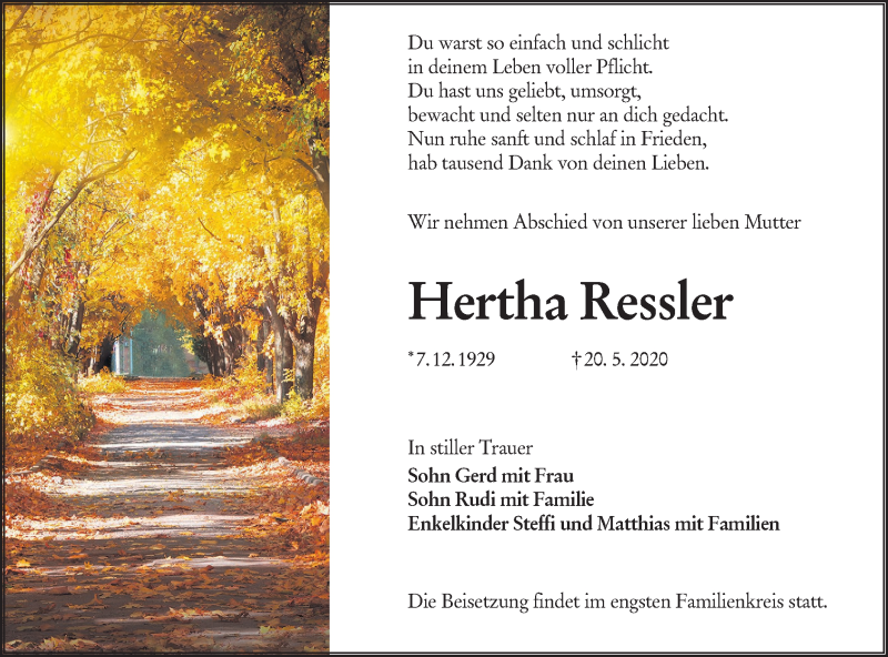  Traueranzeige für Hertha Ressler vom 30.05.2020 aus lausitzer_rundschau