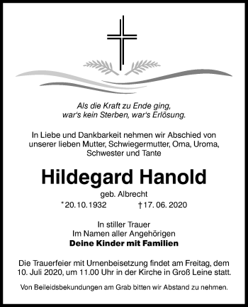 Traueranzeige von Hildegard Hanold von lausitzer_rundschau