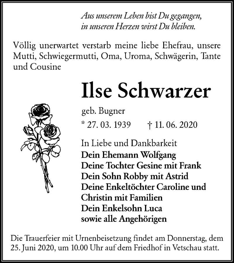  Traueranzeige für Ilse Schwarzer vom 20.06.2020 aus lausitzer_rundschau