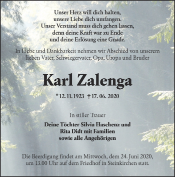 Traueranzeige von Karl Zalenga von lausitzer_rundschau