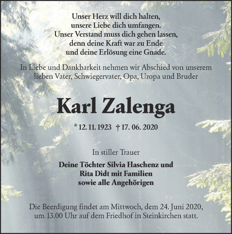  Traueranzeige für Karl Zalenga vom 20.06.2020 aus lausitzer_rundschau