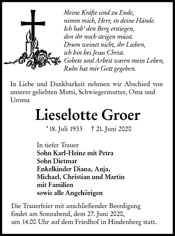 Traueranzeige von Lieselotte Groer von lausitzer_rundschau