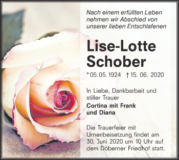 Traueranzeige von Lise-Lotte Schober von lausitzer_rundschau