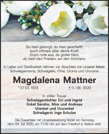 Traueranzeige von Magdalena Mattner von lausitzer_rundschau