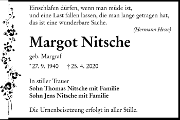 Traueranzeige von Margot Nitsche von lausitzer_rundschau