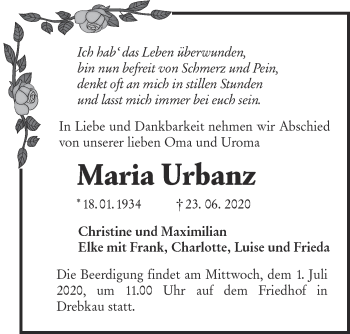 Traueranzeige von Maria Urbanz von lausitzer_rundschau