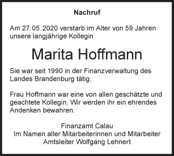 Traueranzeige von Marita Hoffmann von lausitzer_rundschau