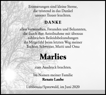 Traueranzeige von Marlies  von lausitzer_rundschau