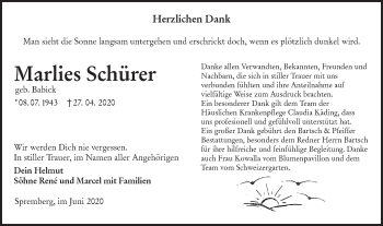 Traueranzeige von Marlies Schürer von lausitzer_rundschau