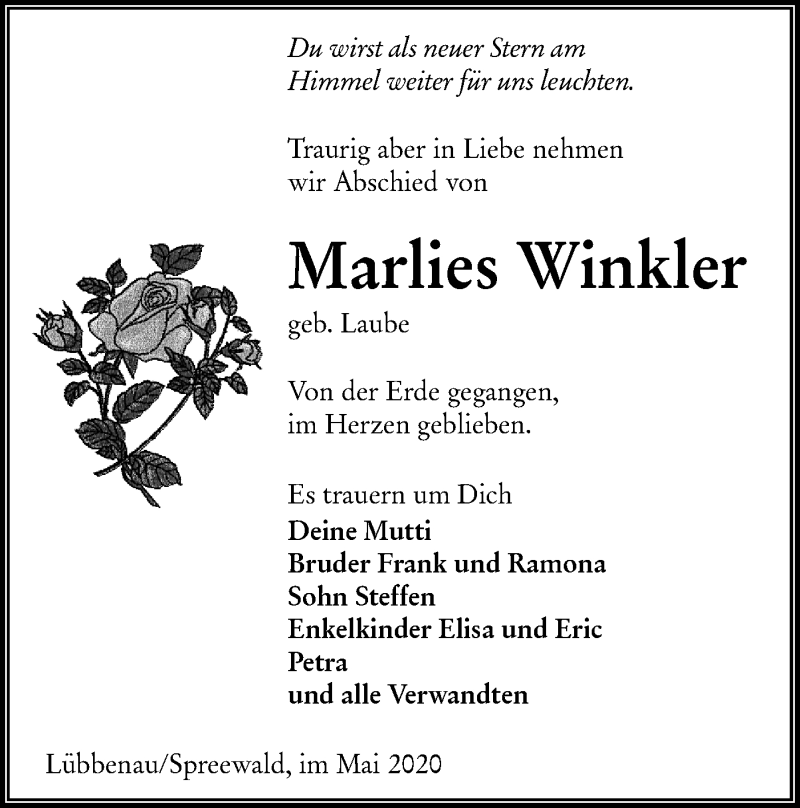  Traueranzeige für Marlies Winkler vom 30.05.2020 aus lausitzer_rundschau
