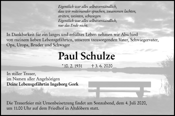 Traueranzeige von Paul Schulze von lausitzer_rundschau