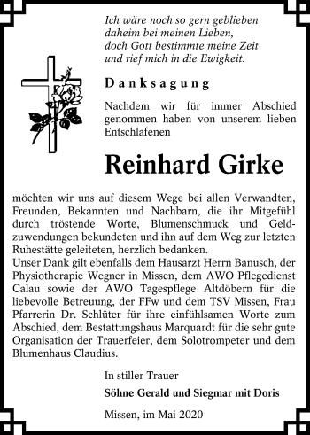 Traueranzeige von Reinhard Girke von lausitzer_rundschau