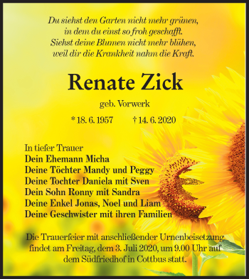 Traueranzeige von Renate Zick von lausitzer_rundschau